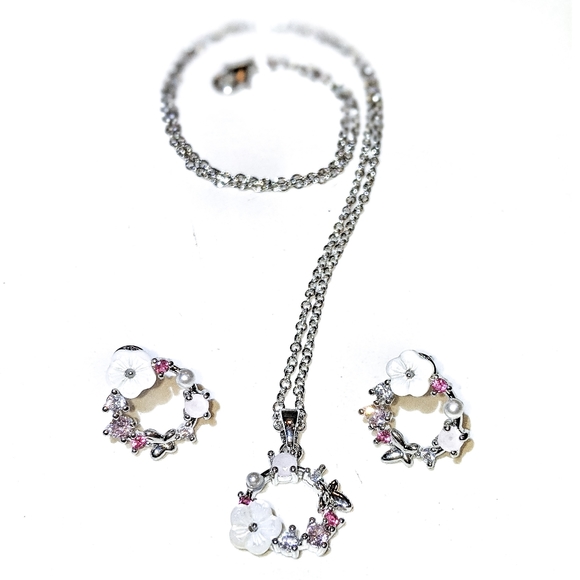 14k Gold - 925 Sterling Silver Necklace & Earrings Rose Quartz Pearl Jewelry Set - Picture 7 of 10